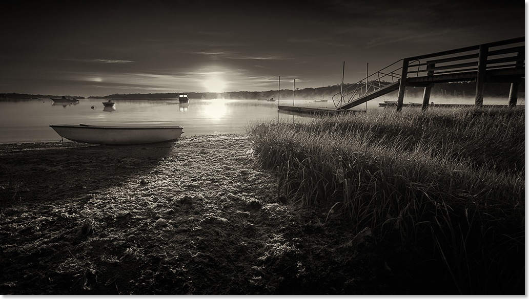 Boats on The Cove at Sunrise by Dapixara. Black and white photo print for sale! Framed, mated, canvas.
