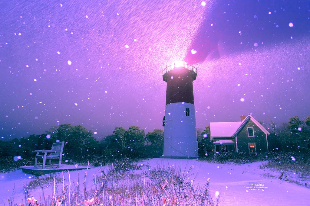 Snow at Nauset Light in Eastham, Cape Cod, Massachusetts. Dapixara Cape Cod photos at https://dapixara.com