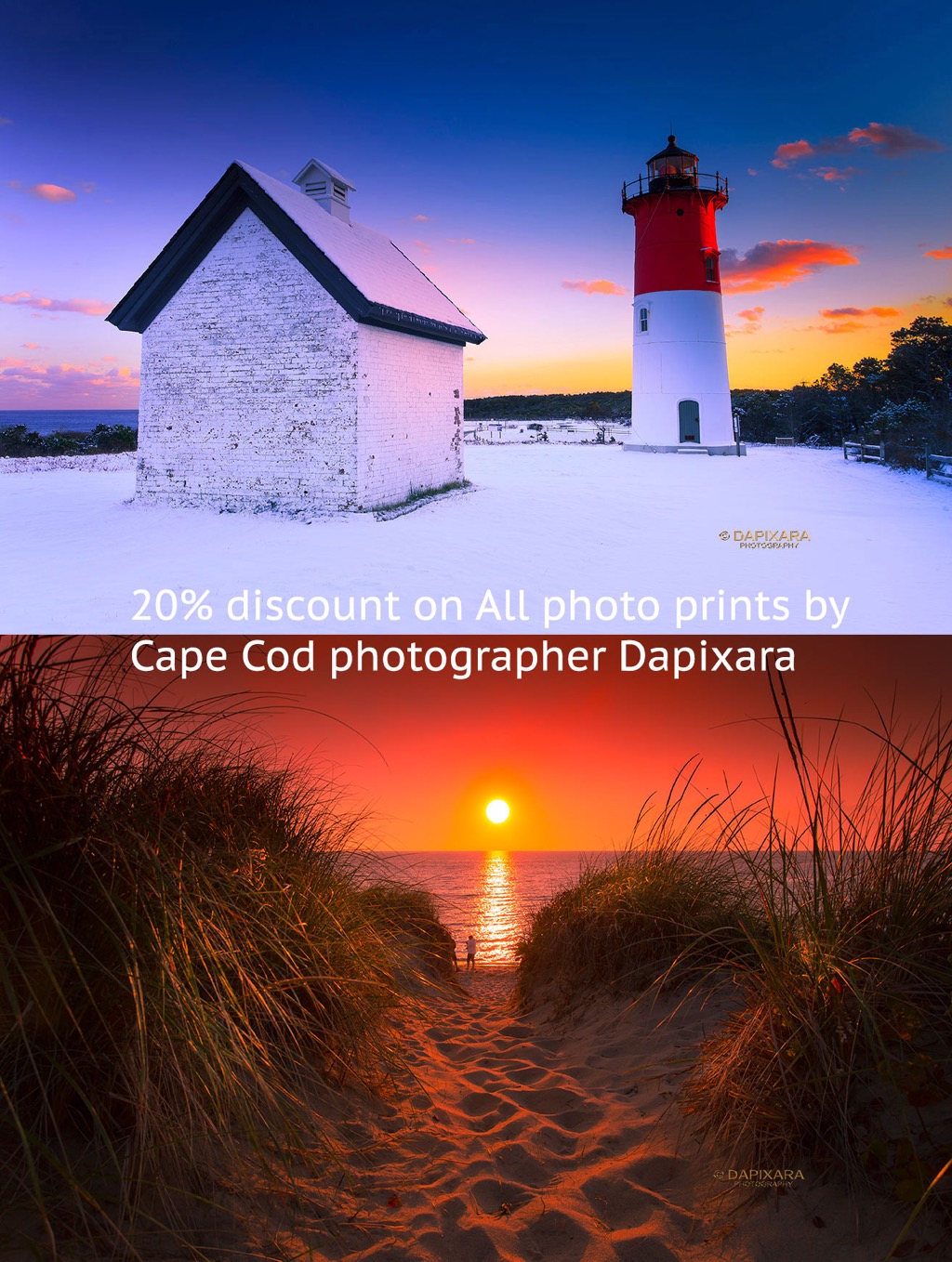 20% DISCOUNT Code on all photo art prints by Cape Cod photographer Dapixara!! Discount is available starting 03/15/2019 and expires at 03/30/2019. Code: FCXZHA  . More info at https://dapixara.com