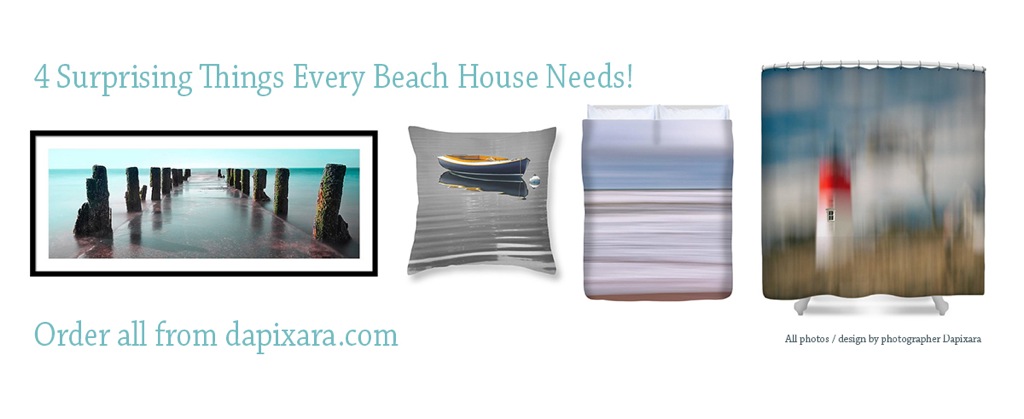 Beach House Decorating Help. 4 surprising things every beach house needs. Wall art, Duvet covers, throw pillows, shower curtains and more at dapixara.com