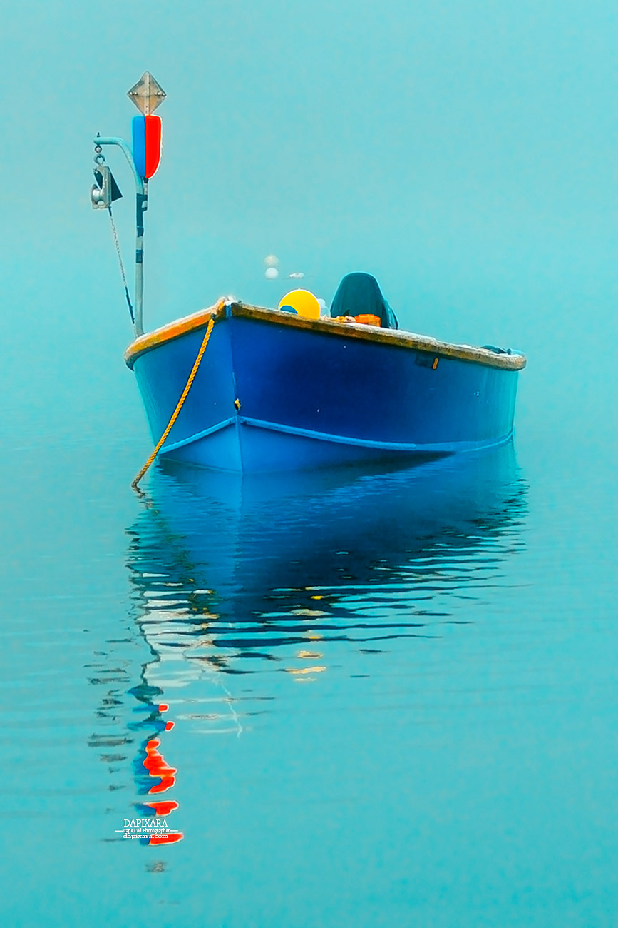 Blue boat reflections. Cape Cod art for sale online at https://dapixara.com