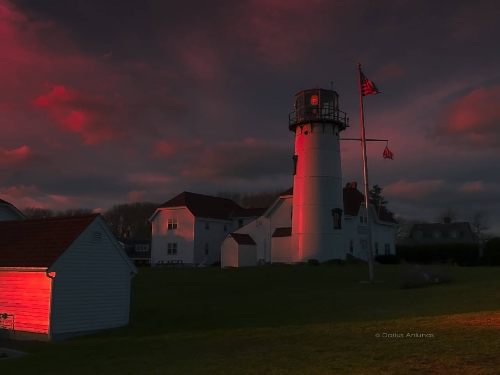 Sunset at Chatham Light. (Chatham Lighthouse, known as Twin Lights prior to 1923).