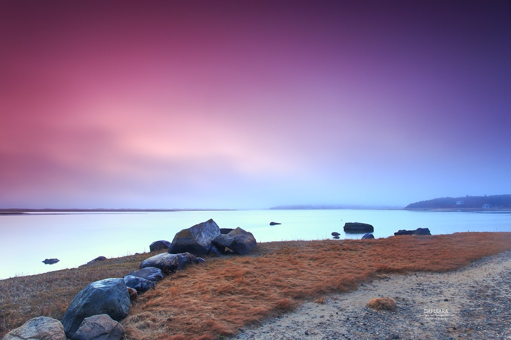 Foggy sunrise today from Weeset Point, Orleans, Massachusetts. Cape Cod coastal photography by Dapixara https://dapixara.com