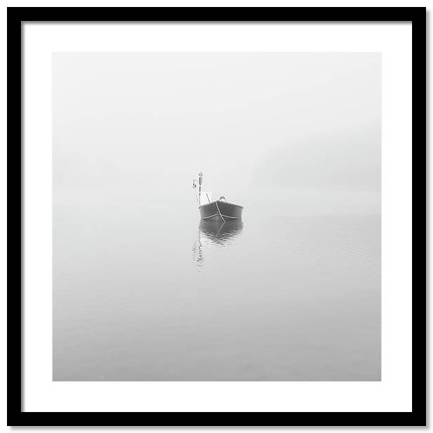 framed black and white photography: Cape Cod boat in Fog.