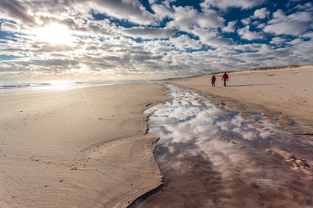Beachcombers and mid-day cloud reflections on Nauset beach. Cape Cod National Seashore photos by Dapixara. https://dapixara.com