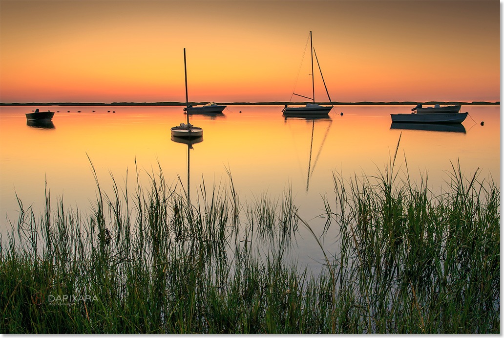 Moored Boats at Sunrise by Dapixara. Fine art photography print for sale.