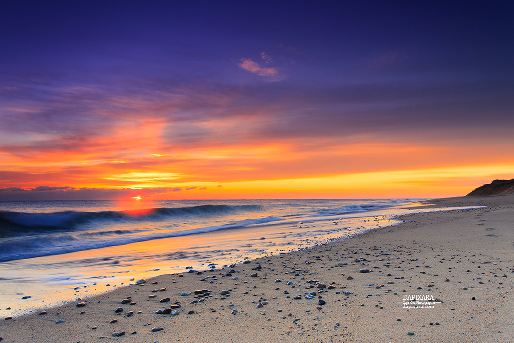 Nauset Light Beach (Cape Cod National Seashore). Dazzling golden sunrise today on Eastham Cape Cod beach. Dapixara images https://dapixara.com