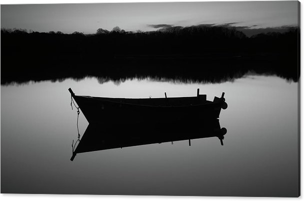Row Boat Black and White Large Canvas Print featuring the photograph Row Boat Silhouette Reflection by Dapixara
