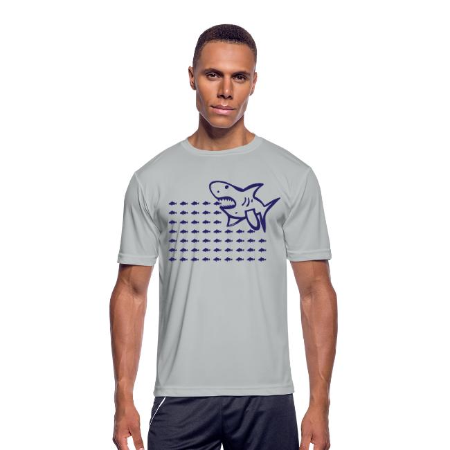 Shark T-Shirt - Great White Shark Graphic Tee. This Great White shark T-Shirt features shark eating fish. Men’s Moisture Wicking Performance T-Shirt is in stock. We will print it as soon as you order it. Ready to ship in 1-2 days Men's Performance T-Shirt | Brand: Sport Tek | Fabric: 100% Polyester Interlock
