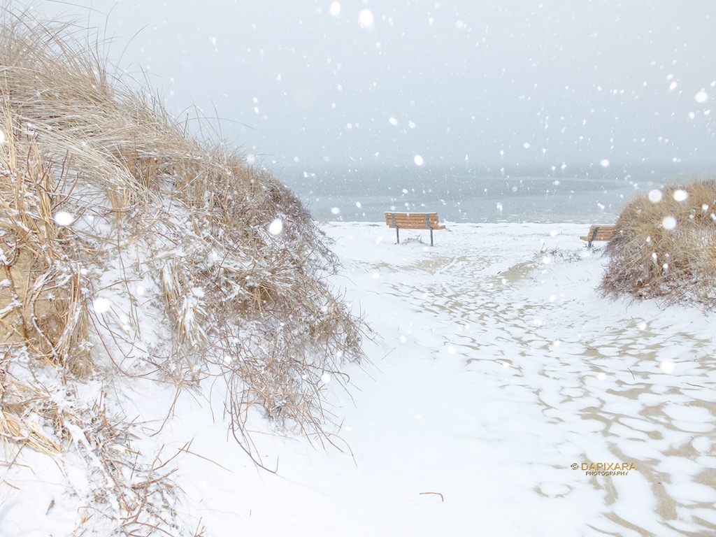 Snow and empty First Encounter beach, Eastham, Massachusetts.  Tuesday, February 12, 2019: First Encounter beach, Eastham, Cape Cod. © Dapixara images.