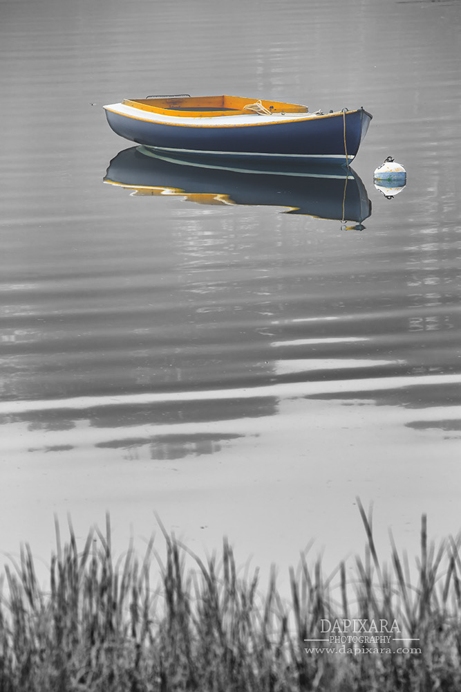 Nautical Wall Art Cape Cod Photography Boat Photo Dory Skiff Rowboat Picture Large Wall Art Coastal Beach Decor Black and White Grey Lifting Fog Blue Boat Reflections