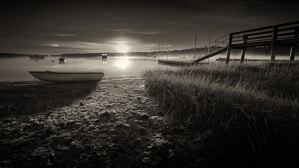 Black and White Photograph Of Boats On The Cove At Sunrise In The Fog. Cape Cod Landscape Print, Orleans Massachusetts Photo, Barnstable County Canvas, Misty Beach Photo, Gallery Wrap, Boat Art, Large Wall Decor.