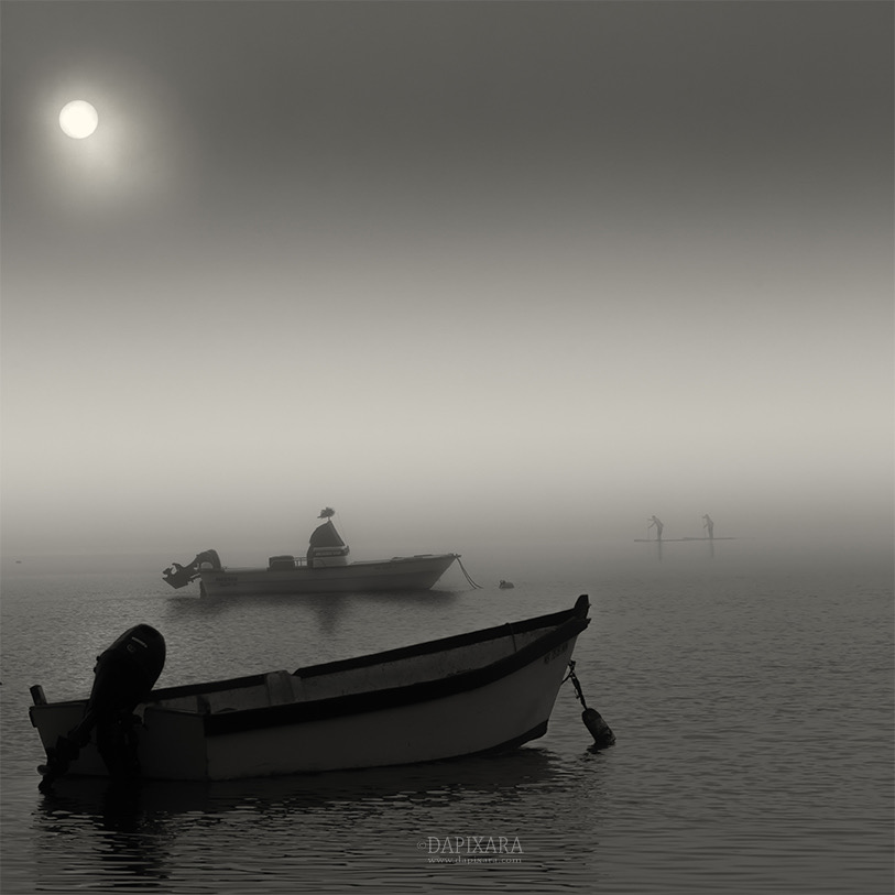 Fog Surfers. Black and white photograph by Dapixara.