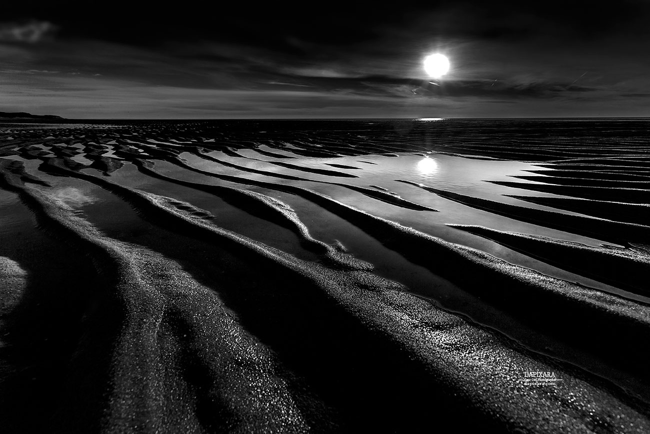Black and white beach, low tide. Black and white photography print for sale by Dapixara.