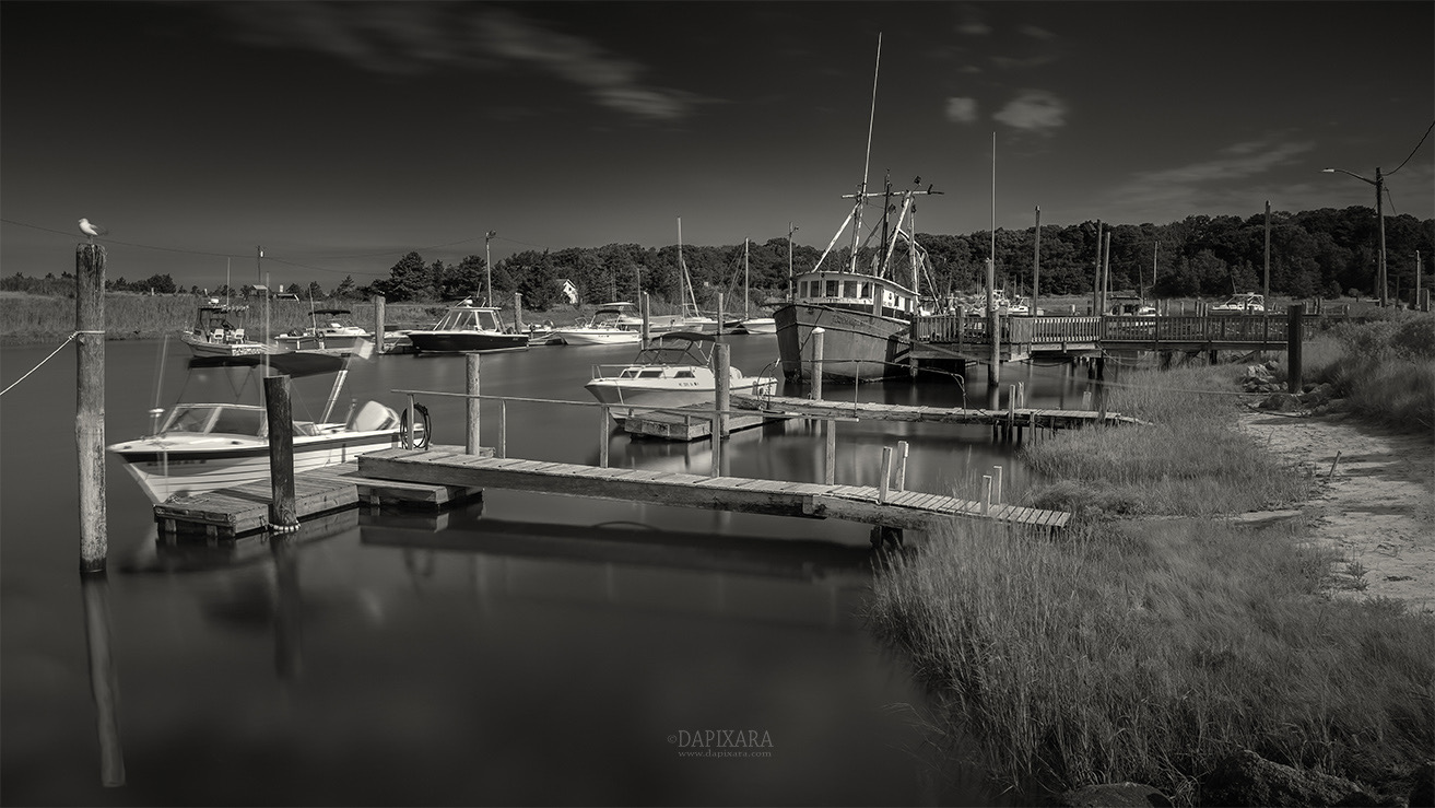 Rock Harbor Fishing Boats Black and White Photography. Framed black and white prints for sale by Dapixara.