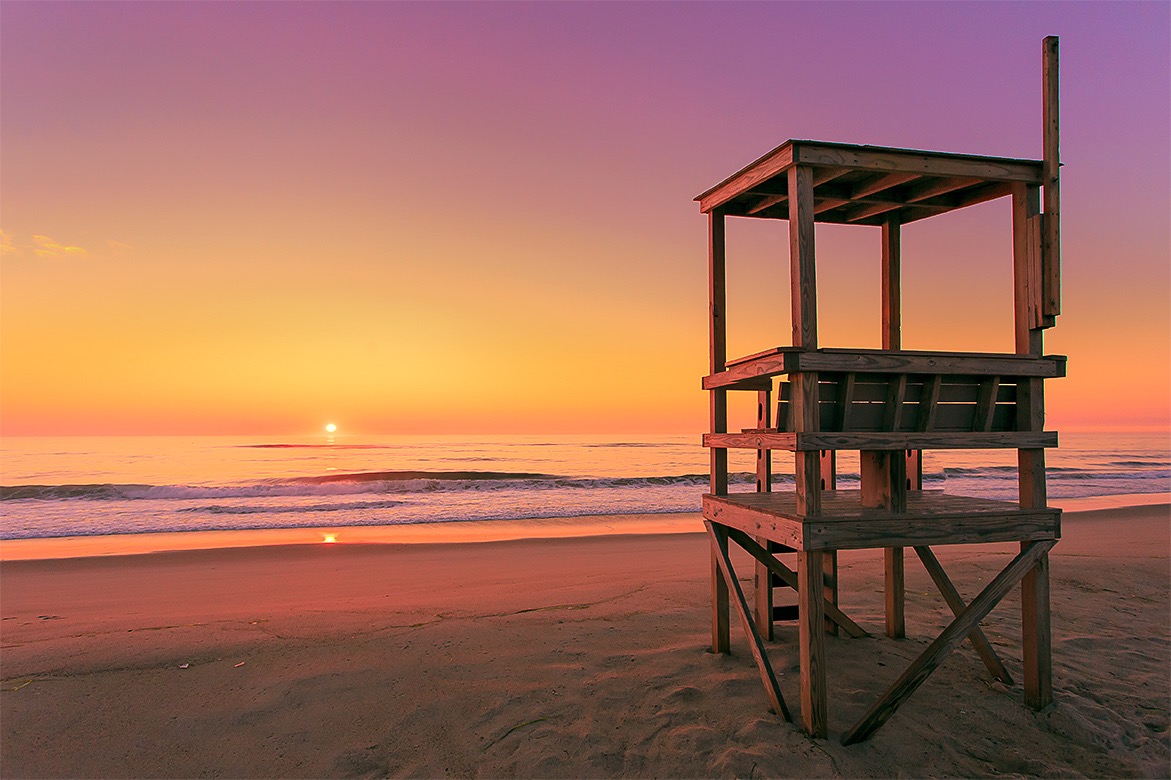 Atlantic Ocean In The Morning. Sunrise at Nauset beach and lifeguard tower in Orleans, Cape Cod. Fine art photographer Dapixara, 2014.