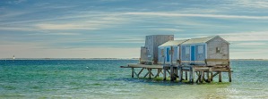 Cape Cod Art: House On The Beach. Panoramic photograph of Provincetown lighthouse. Beach scene prints for sale by photographer Dapixara.