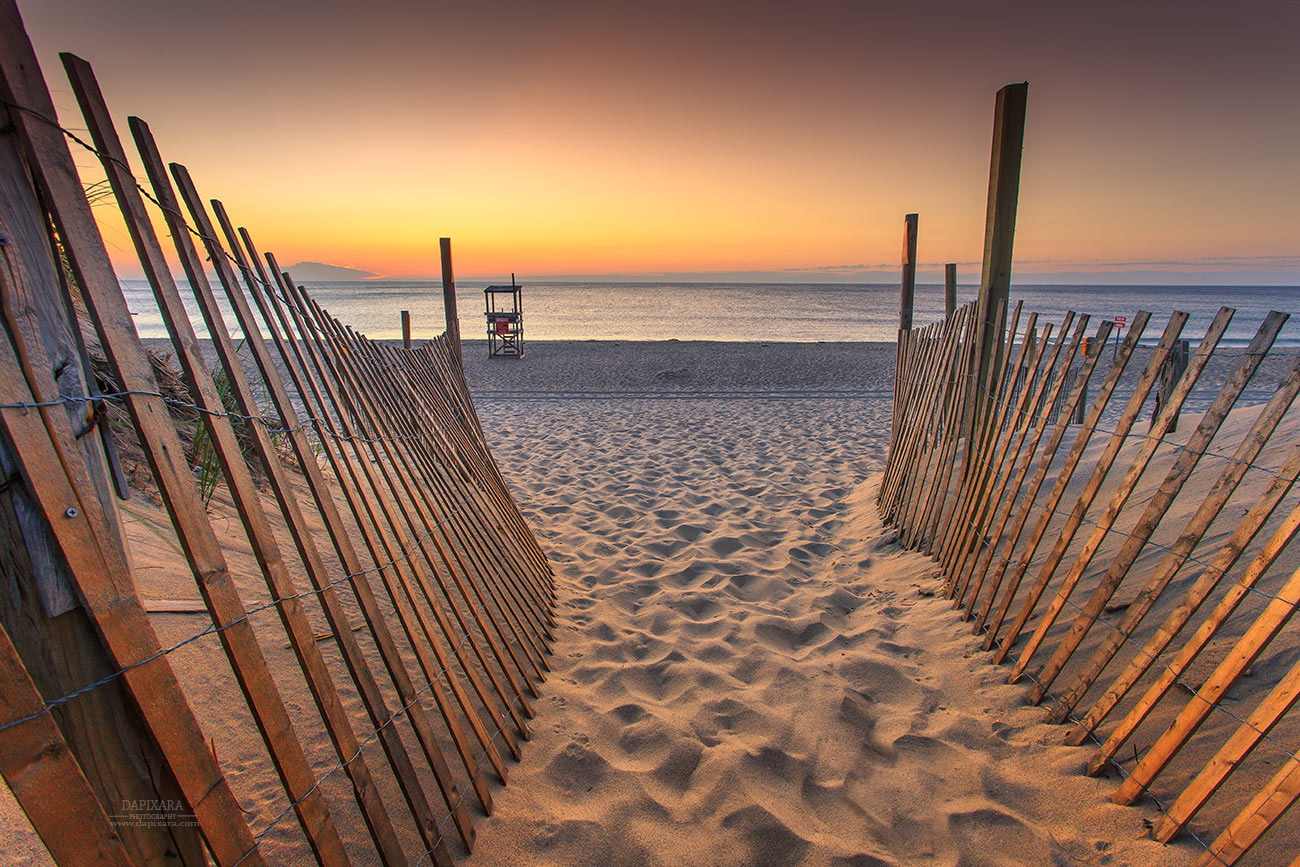 The sunrise illuminates the  Nauset beach entrance. Orleans, Massachusetts, Cape Cod. Ocean artwork for sale. Beach landscape photography by Dapixara.