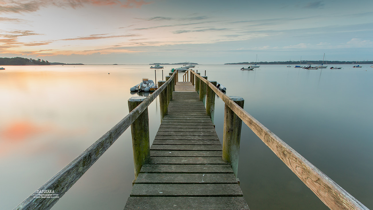 Grey blue panorama photograph of Boat Dock at Sunrise on Pleasant Bay, Massachusetts, USA. Wall art for beach house decor by photographer Dapixara.