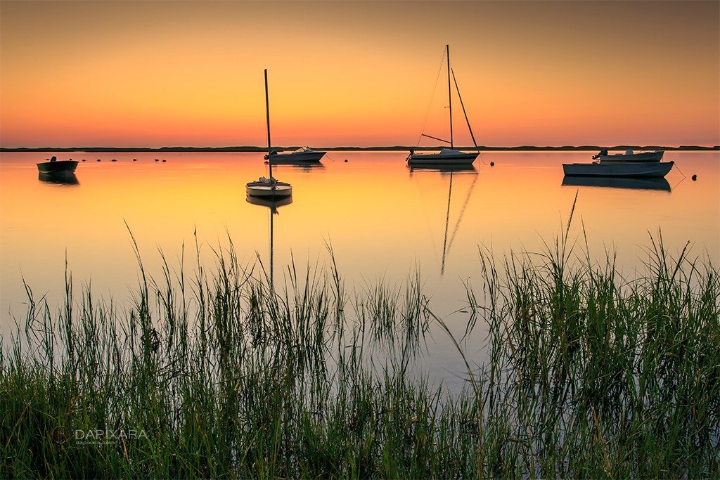 Moored Boats at Sunrise. Fine art photograph by Dapixara of moored boats in Orleans, Cape Cod.