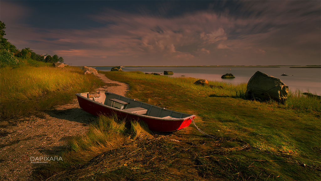 Past. Red boat and morning light. Dapixara photograph for sale.